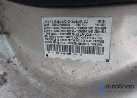 2005 Honda Odyssey Touring из США, поврежденный, VIN 5FNRL38835B024019